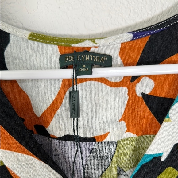 For Cynthia LINEN BLEND Dress Balloon/Puff Short Sleeves Floral Small - Picture 3 of 6